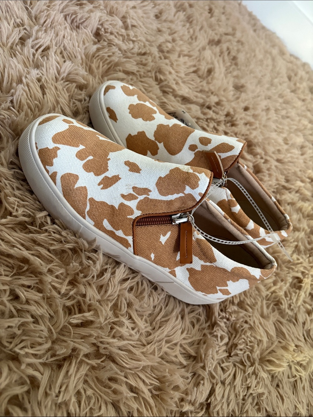 Kids Slip-On Sneakers in White & Tan Cow Print